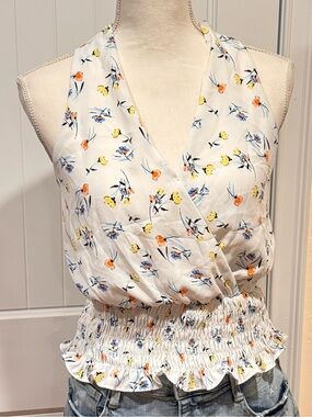 Floral Wrap Smocked Waist Halter Top Size M